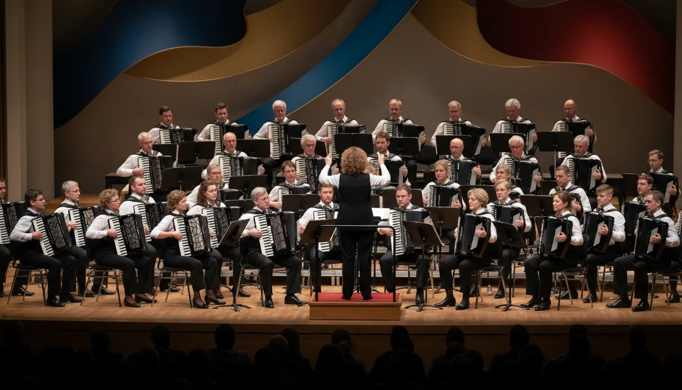 Large accordion ensemble performing together on concert stage