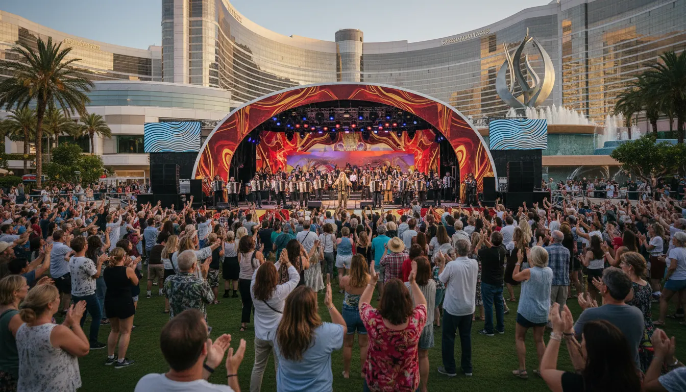 Large outdoor stage at casino resort hosting accordion festival with audience