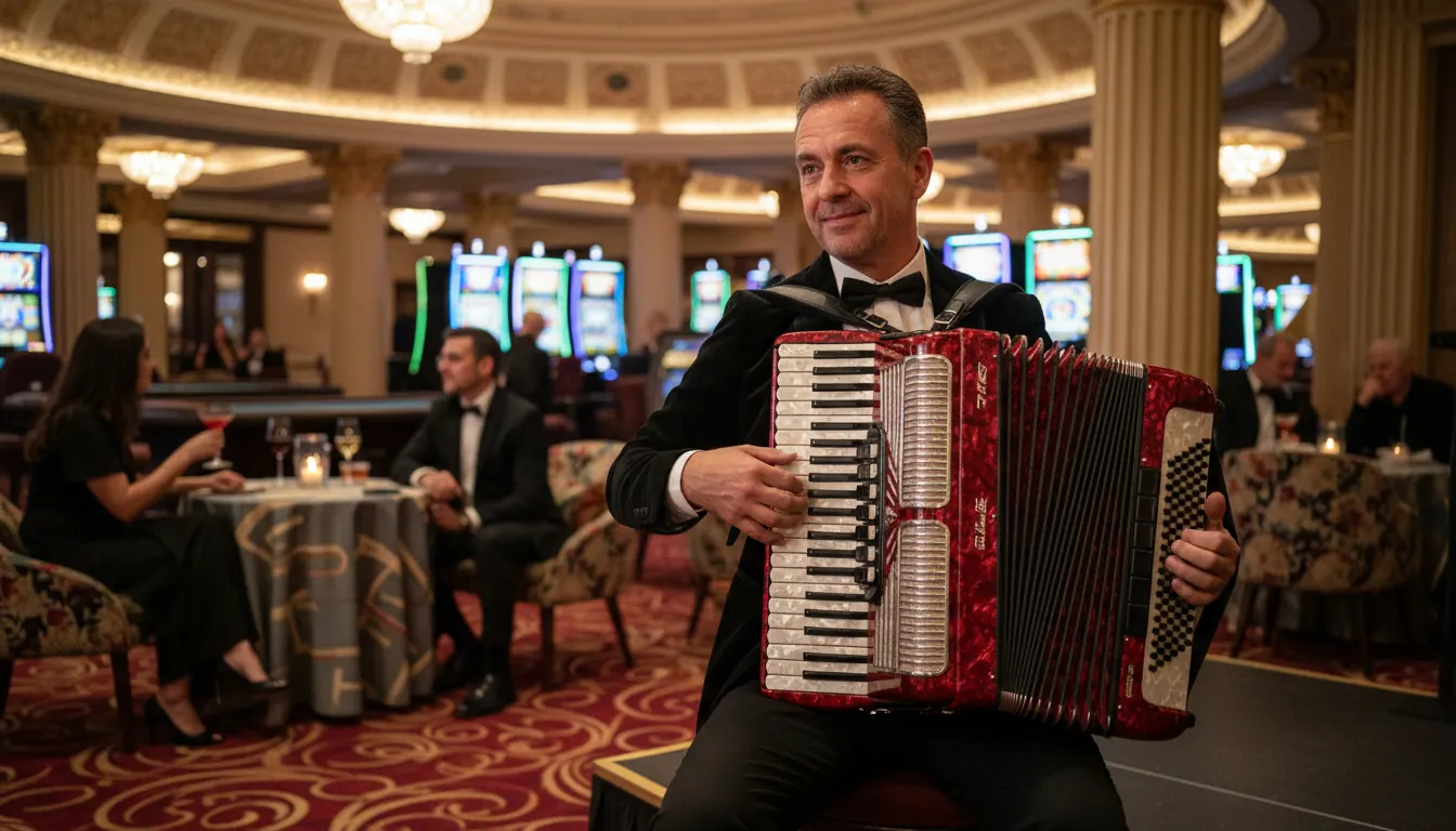Live accordion musician performing in elegant casino lounge setting