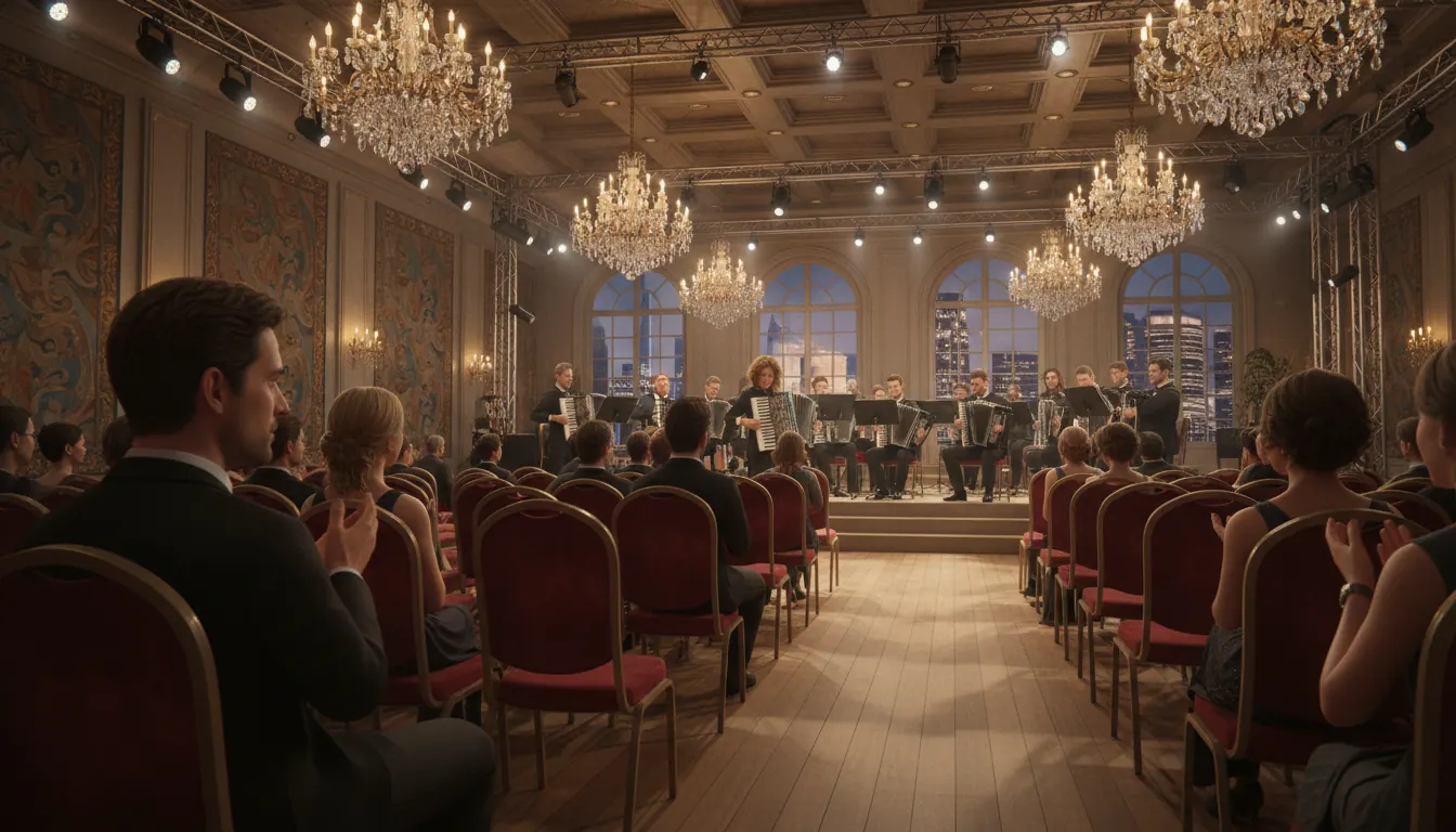 Elegant casino ballroom setup for accordion concert with professional lighting