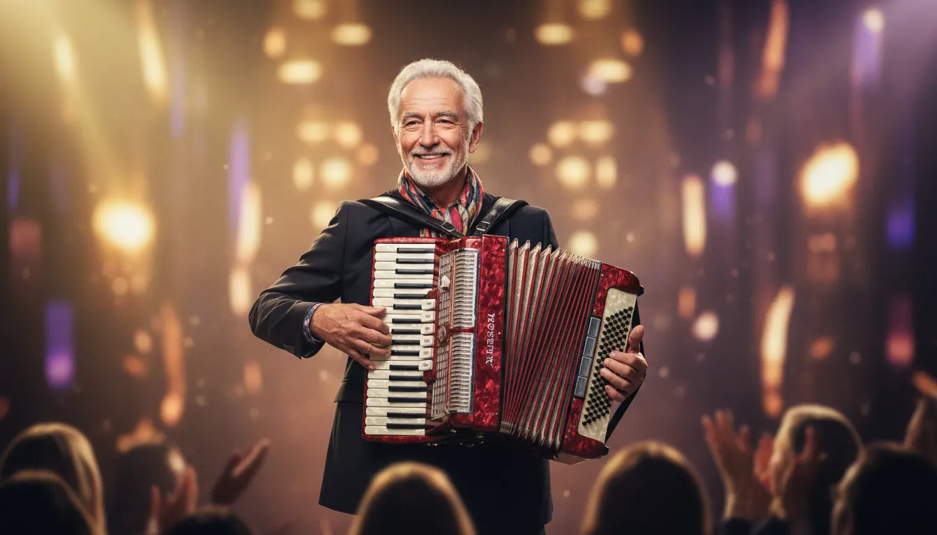 Tom Torriglia performing with accordion on illuminated casino stage