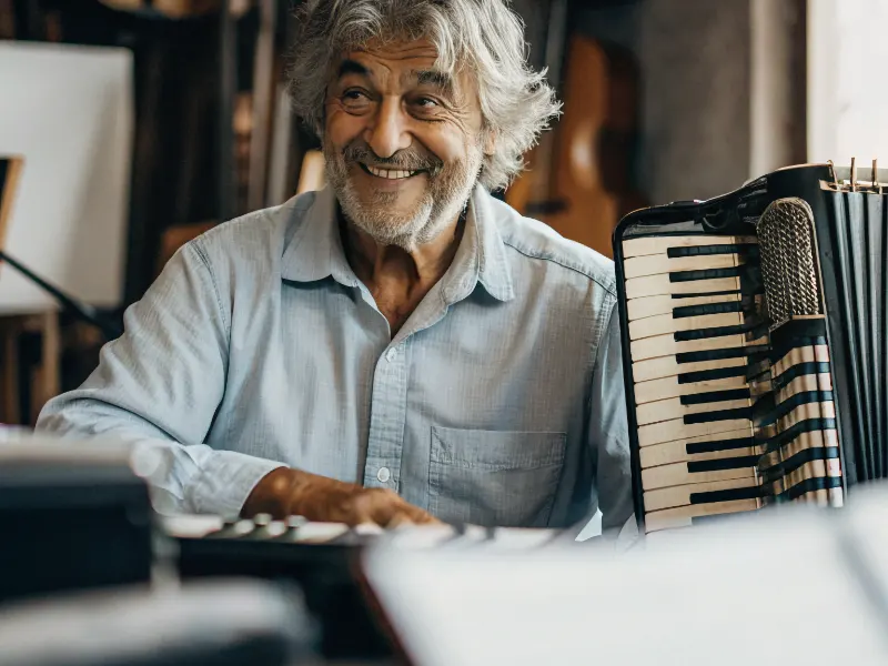 Tom Torriglia teaching accordion at community music workshop